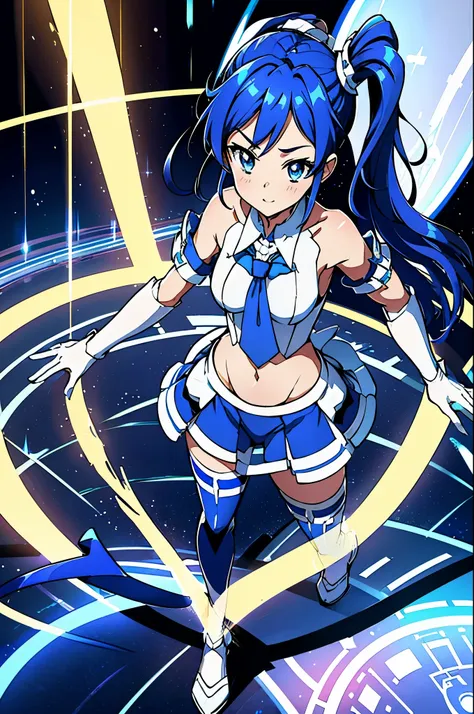 ,aikatsu,1 girls,in senki zesshou symphogear style , blue long hair,side pony tail,blue and white battle suit,break,ultra-defini...