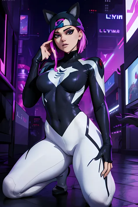 lynx traje de spider gwen, mascarilla,  blanco y negro, leggins negro, pose heroico , cyberpunk, noche