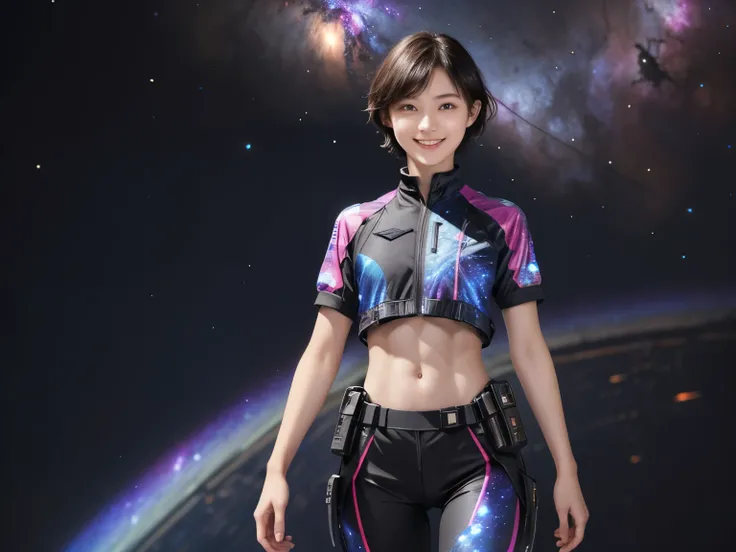 214 Short Hair, 20-year-old woman, A kind smile, Floral, Futuristic clothing, machinery suit, ((Clothes that show abs、Clothes with short sleeves)), (The background is a galaxy and nebula)