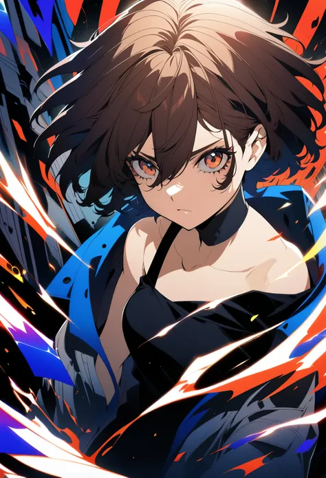 1 girl, long coat worn loosely, black tank top, bare shoulders, very short hair, hairs between eyes, shaggy cut, some hair is red, dark brown hair, extremely modern anime style, anime shading, semi-realistic anime style, in an anime-style, anime-inspired c...