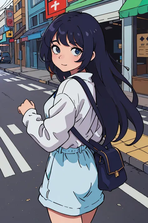 (melhor qualidade:0.8) perfect anime illustration, Um bonito, mulher feliz com cabelo cinza curto e encaracolado nas ruas da cidade escura, vestindo um moletom preto, saia, olhos vermelhos 