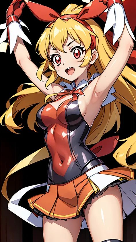 (red ribbon on hairband:1.2),aikatsu,1 girls,in senki zesshou symphogear style , blonde long hair,black and red battle suit,brea...