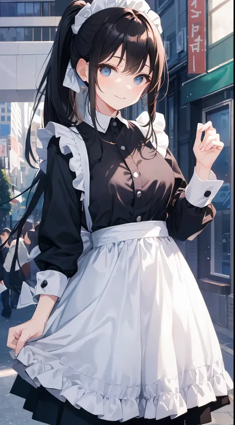 ​masterpiece、ultra-quality、An ultra-high picture quality、Detailed and delicate depiction、Maid：Cute、Has adorable outstanding looks。Im wearing a smooth ponytail、Her eyes are red and clear、Mote gesture、Shes making a turn。Have a bright smile、The uniform is a c...