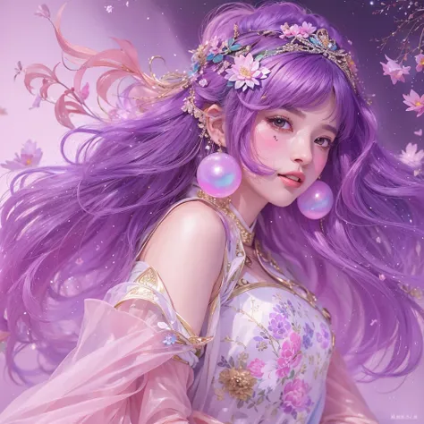 （（（Single eyelid）））Snow hoop exclusion area 32K（tmasterpiece，k hd，hyper HD，32K）Long flowing purple-pink hair，Autumn Pond，zydink， a color， Tongzhou people （Girl with glowing eyes）， （Thin silk scarf）， Side squat position， looking at the ground， long whitr ha...