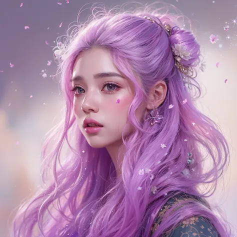 （（（Single eyelid）））Snow hoop exclusion area 32K（tmasterpiece，k hd，hyper HD，32K）Long flowing purple-pink hair，Autumn Pond，zydink， a color， Tongzhou people （Girl with glowing eyes）， （Thin silk scarf）， Side squat position， looking at the ground， long whitr ha...