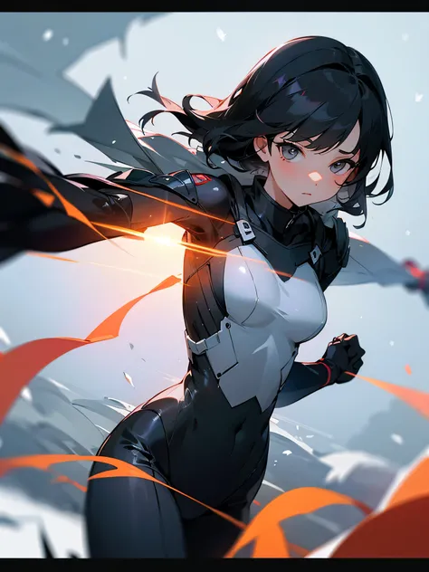 (masterpiece, best quality),cinematic composition, letterboxed, depth of field, solo focus, 1girl, snowy field, black hair, white eyes, black ninja suit, snowing, village on fire