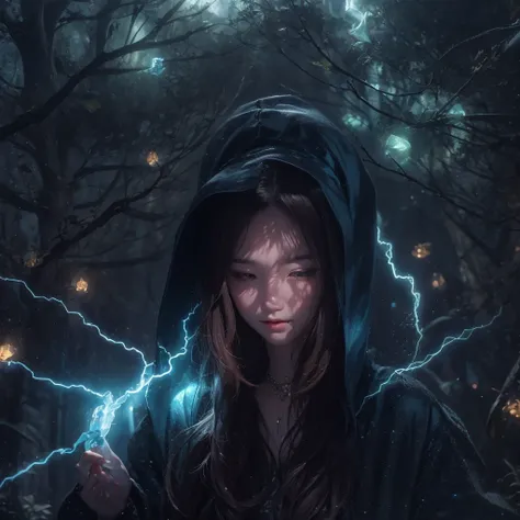 Asian fairy wearing silk hooded and glowing gloves，Lateral face，A collarless coat，Lightning hands，sunglasses，Cyberpunk smoke，（（（nmasterpiece））），（（（Side view））（Ultra-detailded）（illustration）（Detailed lighting）（（Telephoto Tilt-Shift））（nmasterpiece）（sunny day...