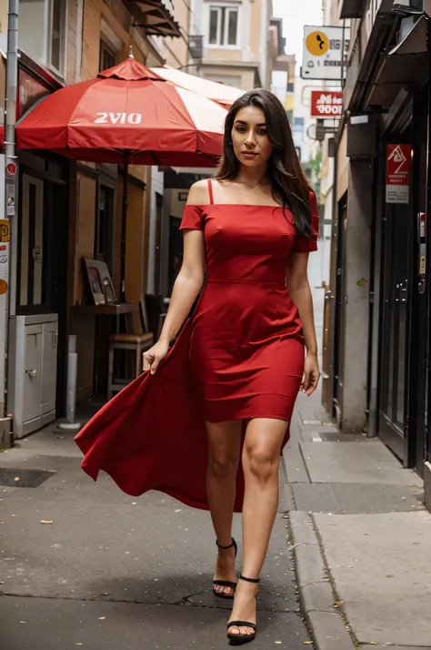 araffe woman in red dress walking down a street with people walking by, 3 0 years old woman, 30 years old woman, wearing red dress, stunning woman, beautiful iranian woman, very very beautiful woman, wearing a red dress, very beautiful woman, 40 years old ...