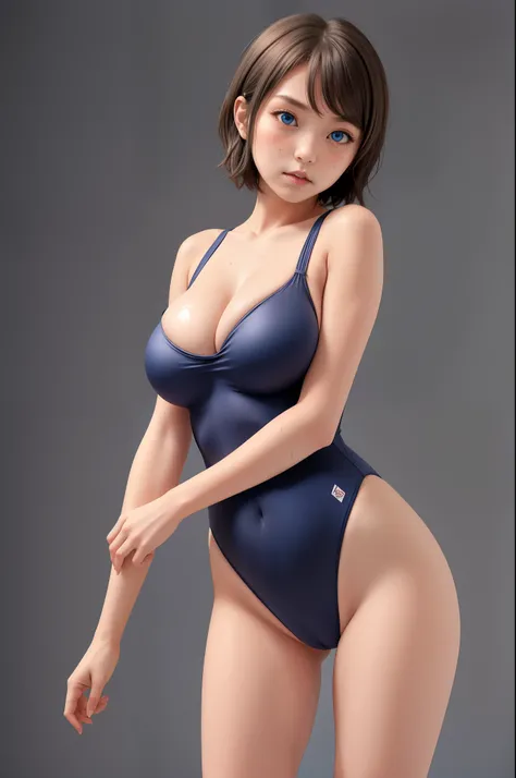 Masterpiece,solo, simple background,Watanabe you,blush, short_hair, blue_eyes, large_breasts, bare_shoulders, leotard, swimsuit , bare_legs, flying_sweatdrops, partially visible pussy 