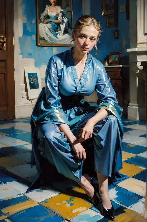 oil painting, large brush strokes, woman in a blue 18th century dress, sitting on a tiled floor, painted tiles, full body portra...