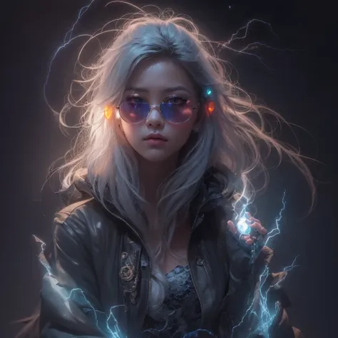 Asian fairy wearing silk hooded and glowing gloves，Lateral face，A collarless coat，Lightning hands，sunglasses，Cyberpunk smoke，（（（nmasterpiece））），（（（Side view））（Ultra-detailded）（illustration）（Detailed lighting）（（Telephoto Tilt-Shift））（nmasterpiece）（sunny day...