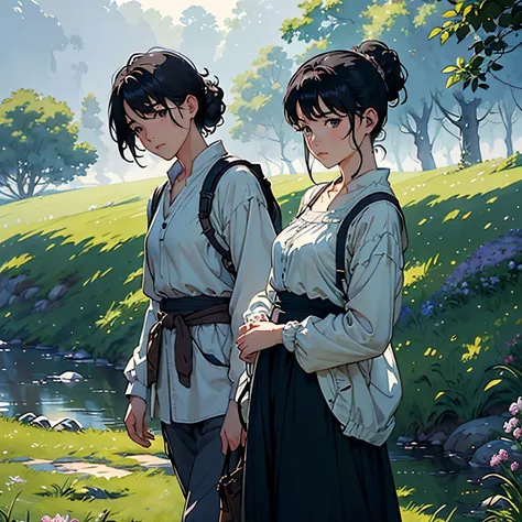 (highest quality、High resolution、masterpiece)、(Anime Art 4k)、(Photorealistic)、((One woman))、20-year-old、((trekking、Walking))、 (Facial detailing)、Black Hair、 short hair、 (Put your hair up、Combing hair)、Slim figure、Small breasts、Travel preparations、blouse、Be...