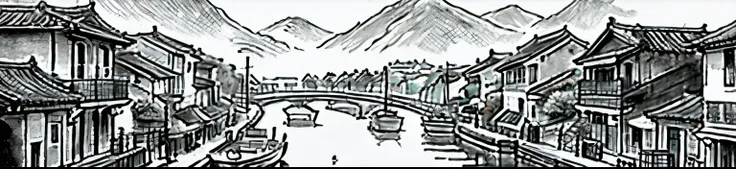 only black and white clour drawing of a river with boats and buildings in it, cg society contest winner, modern european ink painting, chinese brush pen illustration, dreamy chinese town, detailed art, highly detailed illustration, traditional korean city,...