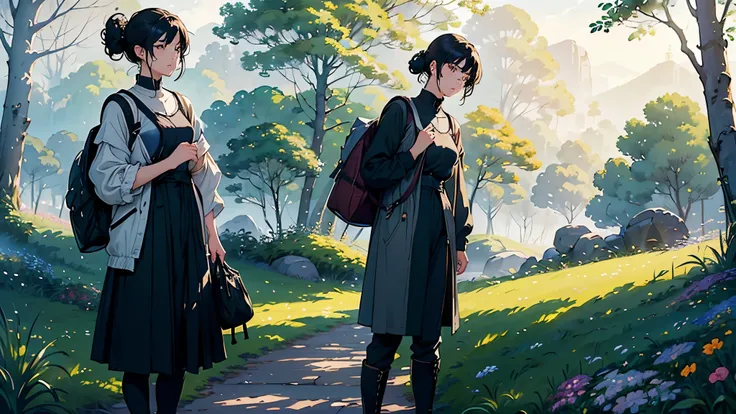 (highest quality、High resolution、masterpiece)、(Anime Art 4k)、(Photorealistic)、((Two women))、20-year-old、((Trekking while having a fun conversation))、 (Facial detailing)、Black Hair、 short hair、 (Put your hair up、Combing hair)、Slim figure、Small breasts、Trave...