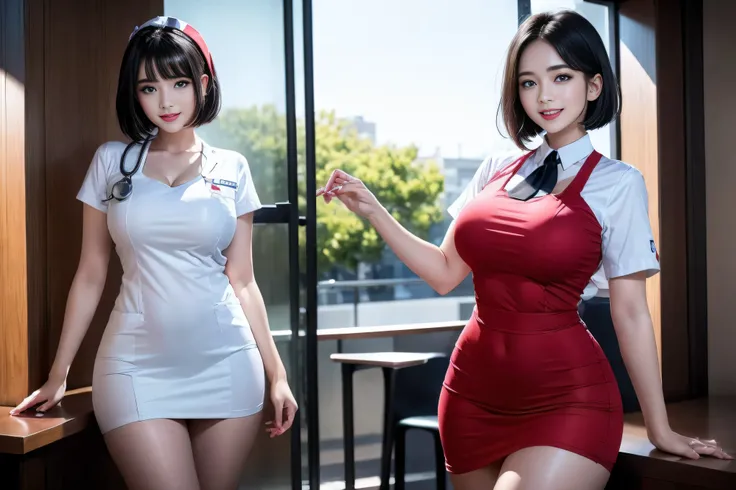 (3 Ultimate Beauty Nurse)、{{{masterpiece}}}， {Oh oh oh, Oh, really：1.2}， best quality， Official Art， Highly detailed CG Unity 8k wallpaper， Very rich facial details、Delicate lips、Delicate eyes、Double eyelids、((black bob hair))、(Nurse:1.3)、(Attractive figur...