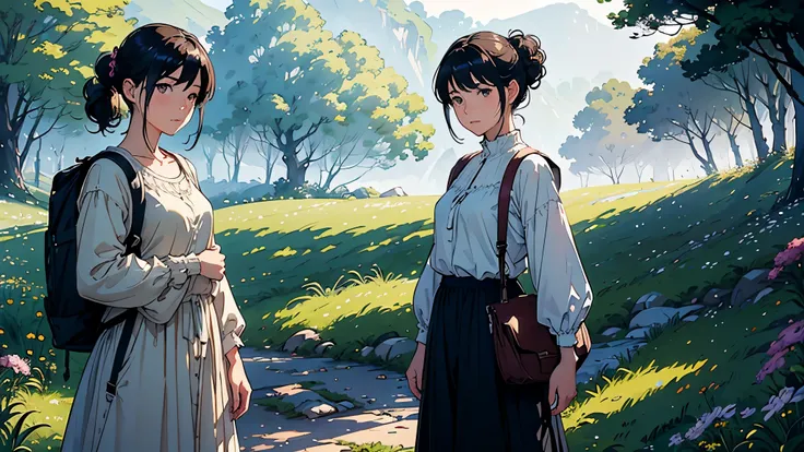 (highest quality、High resolution、masterpiece)、(Anime Art 4k)、(Photorealistic)、((Two women))、20-year-old、((Trekking while having a fun conversation))、 (Facial detailing)、Black Hair、 short hair、 (Put your hair up、Combing hair)、Slim figure、Small breasts、Trave...