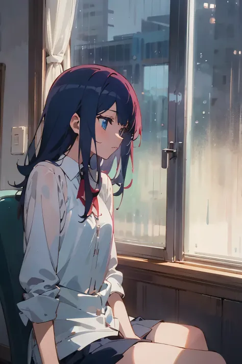 anime girl sitting near the rainy window