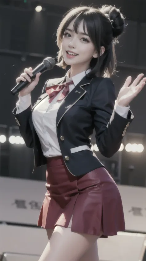 quality,masterpiece,Ultra-high resolution,(Actual:1.4),Original photo,Ultra-high resolution，8K，Wearing Nogizaka46 stage costumes，Flashy makeup with red eyeshadow，Big laughing smile，Short cut with delicate brown hair，A live costume of a high school girl&#39...