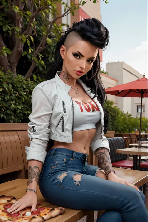 film photo ChristyMackQuiron woman, peinado Mohawk, mohawk hair, black hair, pelo negro, realista, a woman Shot putwearing a crop top and tight jeans eating pizza on a restaurant terrace, short crop top, ahort black leather jacket, chaqueta de cuero negro ...