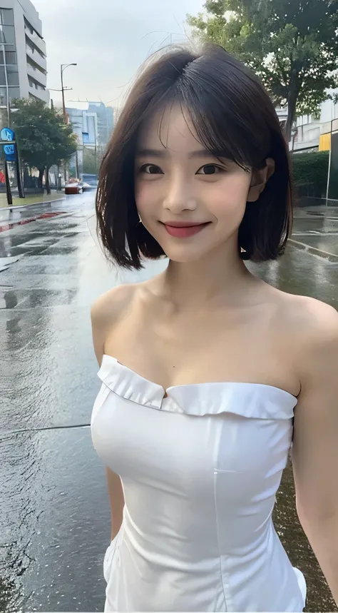 ((Best Quality, 8K, Masterpiece:1.3)), Focus: 1.2, Perfect Body Beauty: 1.4, Buttocks: 1.2, ((Layered Haircut, Breasts: 1.2)), (Wet Clothes: 1.1), (Rain, Street:1.3), Bandeau Dress: 1.1, Highly Detailed Face and Skin Texture, Fine Eyes, Double Eyelids, Whi...