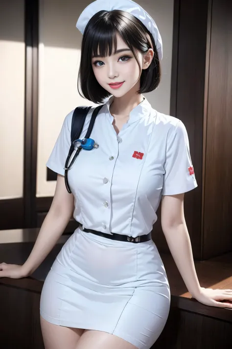 (3 Ultimate Beauty Nurse)、{{{masterpiece}}}， {Oh oh oh, Oh, really：1.2}， best quality， Official Art， Highly detailed CG Unity 8k wallpaper， Very rich facial details、Delicate lips、Delicate eyes、Double eyelids、((black bob hair))、(Nurse:1.3)、(Attractive figur...