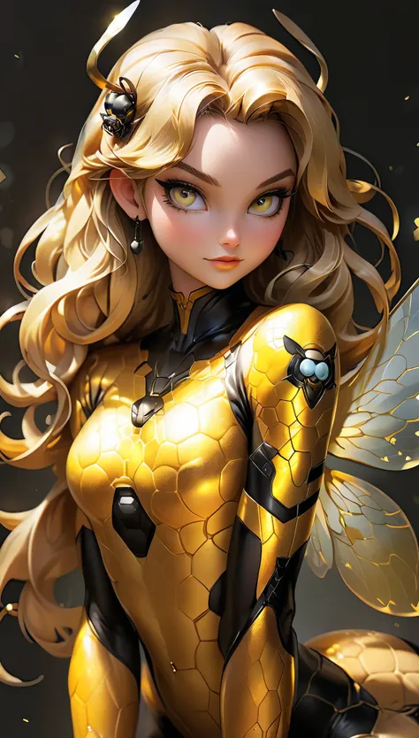 stunning and seductive pin-up style illustration in the spirit of anime, featuring a confident and curvaceous bee-girl with blon...