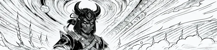 a black and white drawing of a demon with a oni mask on his head, asura from chinese myth, japanese god, hyper detailed line art, detailed bushido form smoke, high detailed official artwork, line art illustration, demon samurai warrior, clean detailed art,...