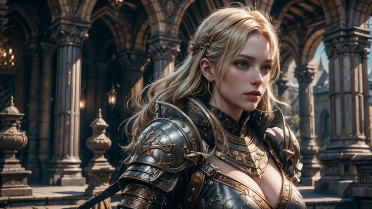 a young blonde, very pretty girl, (Gorgeous:1. 3) armor, elegant posture, Very detailed,Large Breasts, deadly face, Sharp focus, The background is the old castle, Concept Art, Very detailed, Realistic, Octane Rendering, Unreal Engine, Depth of Field, penta...