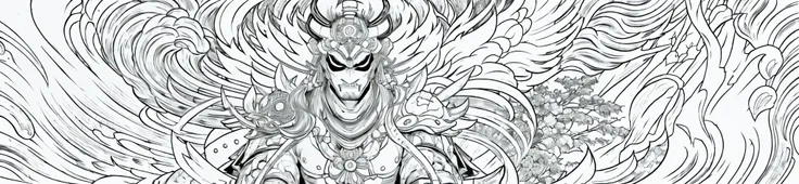 a black and white drawing of a shinto gods with a oni mask on his head, asura from chinese myth, japanese god, hyper detailed line art, detailed bushido form smoke, high detailed official artwork, line art illustration, demon samurai warrior, clean detaile...