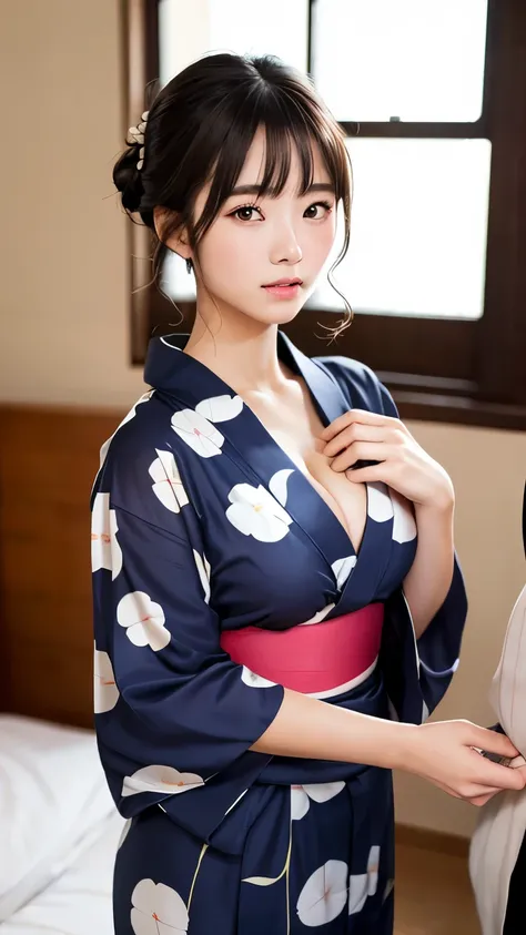 japanese woman, high school student girl, 17-years-old, anatomically correct, perfect anatomy, very cute, beautiful, (yukata, Open yukata:1.2), ((embarrassed:1.3)), blush、(bedroom:1.1), (highest quality:1.3)、Best Lighting、high resolution、(8K, High resoluti...