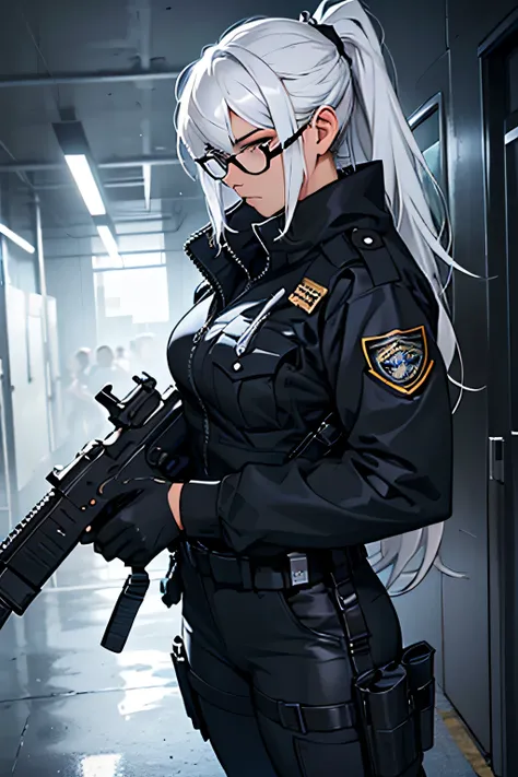 1 girl, wearing glasses,((Very strong body)), wearing black police outfit, (holding two guns), white hair, tied hair, (muscular body), (strong arma)