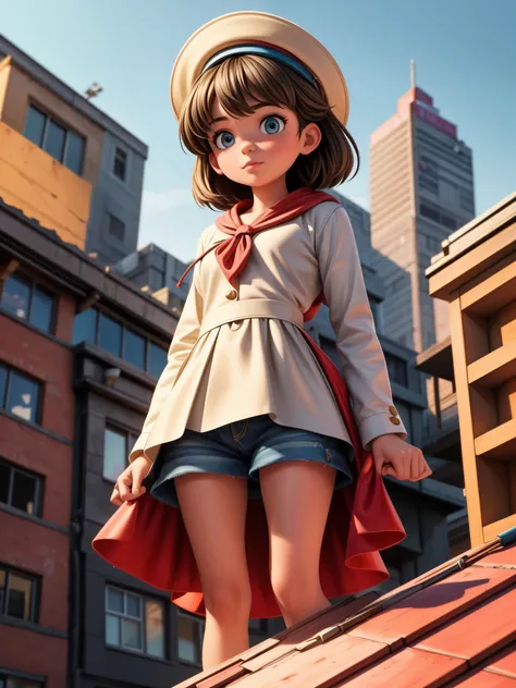 The girl standing on the roof, looking down, feeling the fear of height, as seen from below