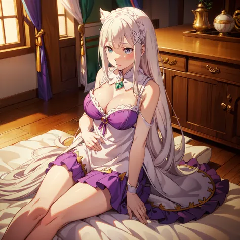 Hot woman, Emilia Re:zero, Emilia, crown braid, x hair ornament, flower hair ornament, white hair, long hair, medium breasts,long hair, cute lingerie dress,sexy, inside the room, cat ear, cat tail