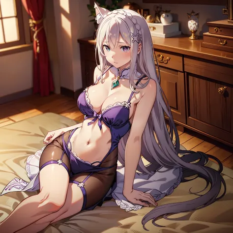 Hot woman, Emilia Re:zero, Emilia, crown braid, x hair ornament, flower hair ornament, white hair, long hair, medium breasts,long hair, cute lingerie dress,sexy, inside the room, cat ears, cat tail