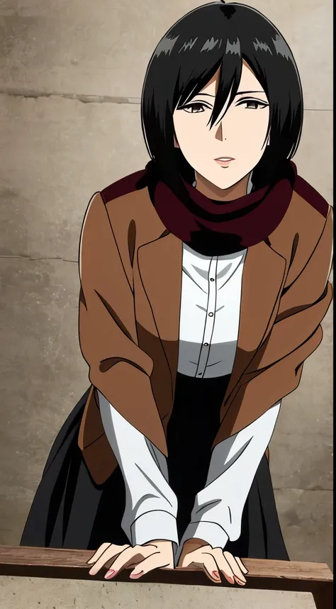 1girl, mikasa ackerman, (black hair:1.3), hair between eyes, short hair, sideburns, gray eyes, maroon scarf, brown jacket, lips, cleavage, close up, solo, lips,, masterpiece, best quality, bending down and spreading her pussy, camera pov