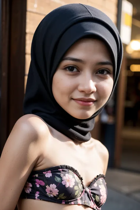 (Happy smile), (((HIJAB MALAY GIRL))), masutepiece, High quality, UHD 32K, Realistic face, Realistic skin feeling , A Japanese Lady, 8 years old, , Very cute and baby-like face, (((FLAT CHEST))), (Night time at forest), ((look In front  at the camera and S...