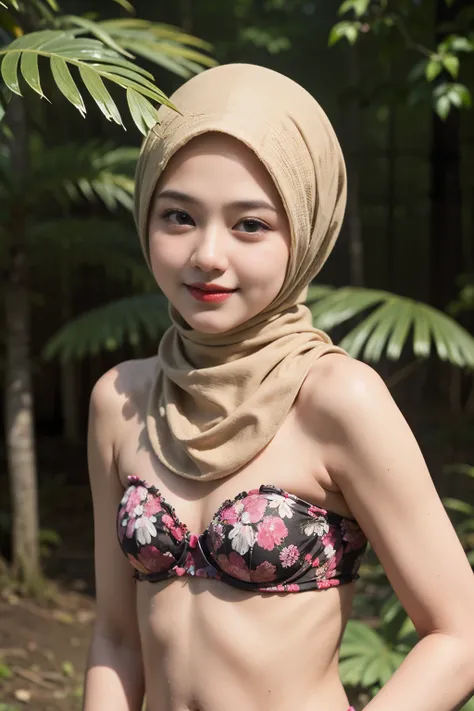 (Happy smile), (((HIJAB MALAY GIRL))), masutepiece, High quality, UHD 32K, Realistic face, Realistic skin feeling , A Japanese Lady, 8 years old, , Very cute and baby-like face, (((FLAT CHEST))), (Night time at forest), ((look In front  at the camera and S...