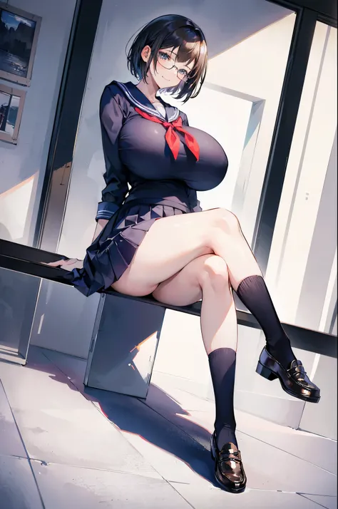 1 girl, glasses, (full body:1.2), sitting, (angle from below:1.1), (angle from the side:1.1), smile, (slim body:1.2), (huge breasts:1.5), (slender and long legs:1.1), black hair, short hair, high , sailor, pleated skirt, (blue socks:1.1), brown loafers,