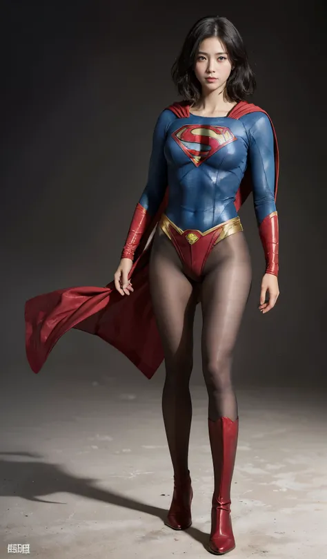 No background、(((Beautiful legs in black tights.)))、(((Legally express the beauty of your smile)))、((((Make the most of your original images)))、(((Supergirl Costume)))、(((beautiful short bob hair)))、(((suffering)))、(((Please wear black tights....、Wear red ...