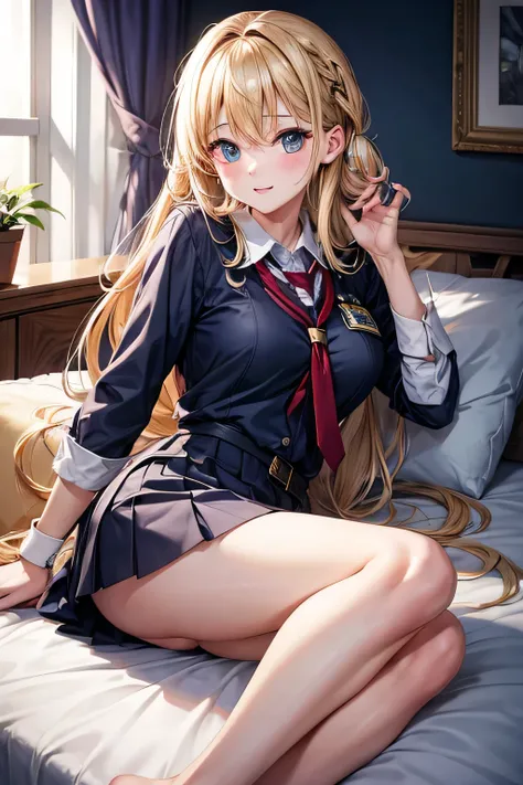 On the bed　School uniform　See-through　Handcuffed　Blonde semi-long hair