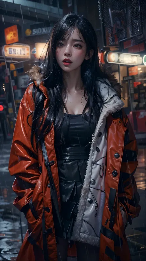 ((8k，masterpiece，best quality，Super detailed，Realistically))，extremely detailed face，Movie Lighting，Movie Lighting，Ray Tracing，Unlit Hair， On cloudy streets，Corner store，bus stop，rainstorm、heavy rain，Girl with long black hair and black eyes.。(She was weari...