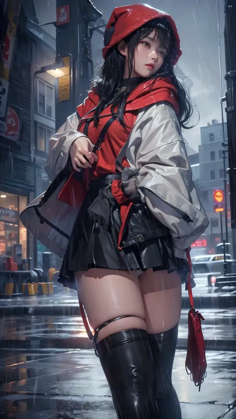 ((8k，masterpiece，best quality，Super detailed，Realistically))，extremely detailed face，Movie Lighting，Movie Lighting，Ray Tracing，Unlit Hair， On cloudy streets，Corner store，bus stop，rainstorm、heavy rain，Girl with long black hair and black eyes.。(She was weari...