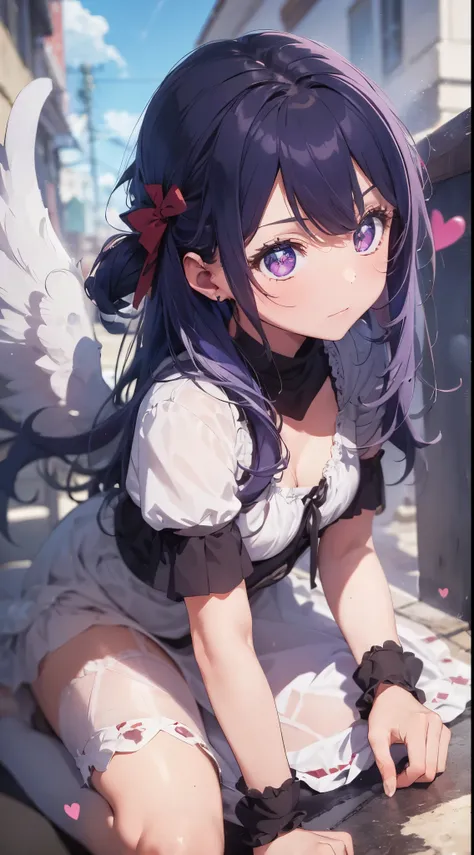 【Best Quality】Masterpiece in every detail, 15 years old  girl (mature: 1.4) 130mm f/1.4 lens 1 girl solo ear heart shaped pupil micro dress angel girl flat chest angel wings colored silver hair blue purple hair purple eyes, professional fantastic effect, b...