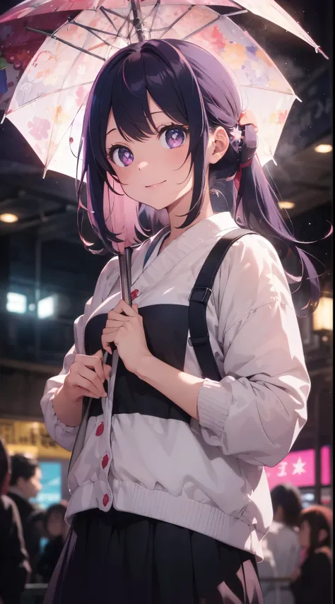 A masterpiece in every detail. ((of the highest quality, 8K, masutepiece: 1.3)), Beauty, One girl, Cute smile, holding a yellow umbrella, short pink hair, She is beautiful, Pretty, Adorable, Cute, young, 15 years old. parka, She is Ai Hoshino, long-haired,...