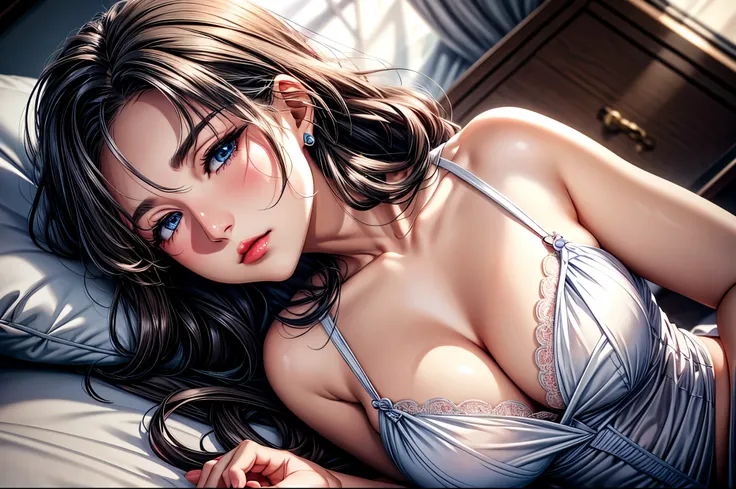 Elegant adult women, blue eyes, Long hair, messy hair, Grow eye hair, Slightly blush, POV when she sleeps next to her, 4K resolution, High quality CG, fair,