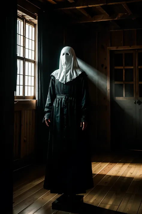 A black ghost with a tattered sheet hovering around it lingers in a wooden house, emitting an ominous and frightening atmosphere. The ghosts dark figure is contrasted against the dimly lit room, and its eyes glint with a chilling luminosity. The sheet it h...