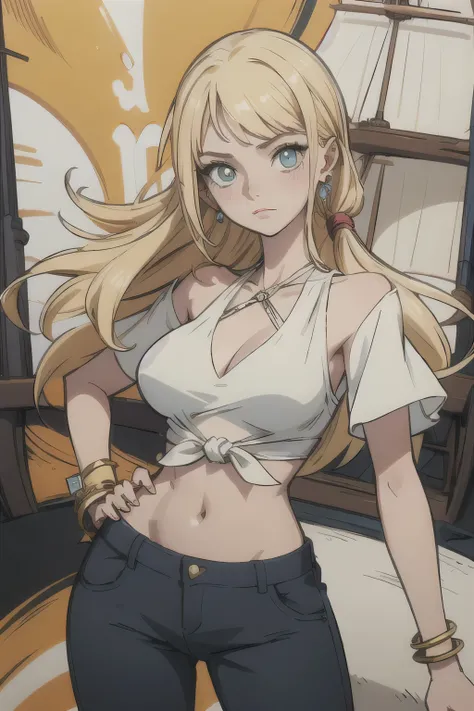 make a 2d character, woman, long hair tied up, blonde, without bangs, blue pupils, with a confident expression and older appearance, with a bracelet on her wrist, earring, with a feminine top, a pair of pants, in a ship, medium tits
