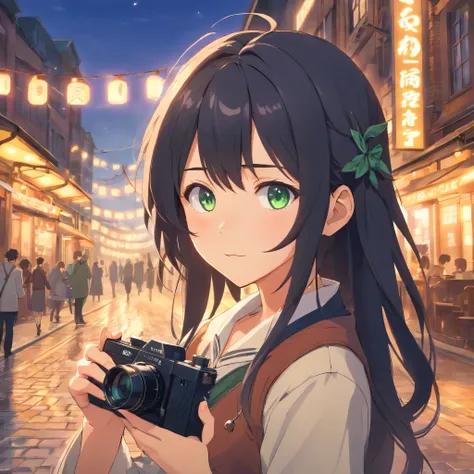 masterpiece:1.2, highest quality, 1 Female, alone:1.2, Black Hair, Long Hair, Green Eyes, Piper Wright + Ayashameimaru, Point the camera at the reader, Holding a camera、Steampunk setting, Photorealistic Animation, Victorian era setting