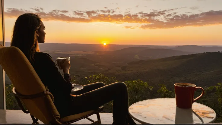 araffe sitting in a chair with a cup of coffee on a table, looking out at a sunset, girl watching sunset, chill time. good view, watching the sunset, setting in nature, sunset view, overlooking a valley, at a beautiful sunset, warm beautiful scene, relaxin...