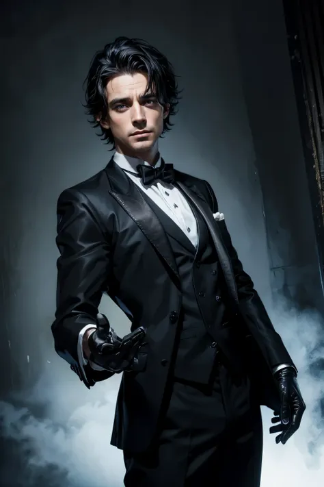 (better hands) a mature irish butler with black hair, blue eyes, reaching his hand, wearing a black suit with black gloves